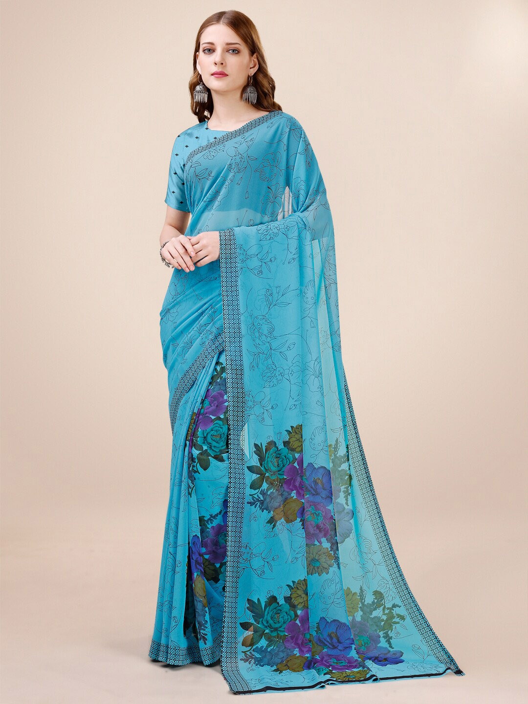 

Dori Floral Printed Pure Georgette Saree, Blue