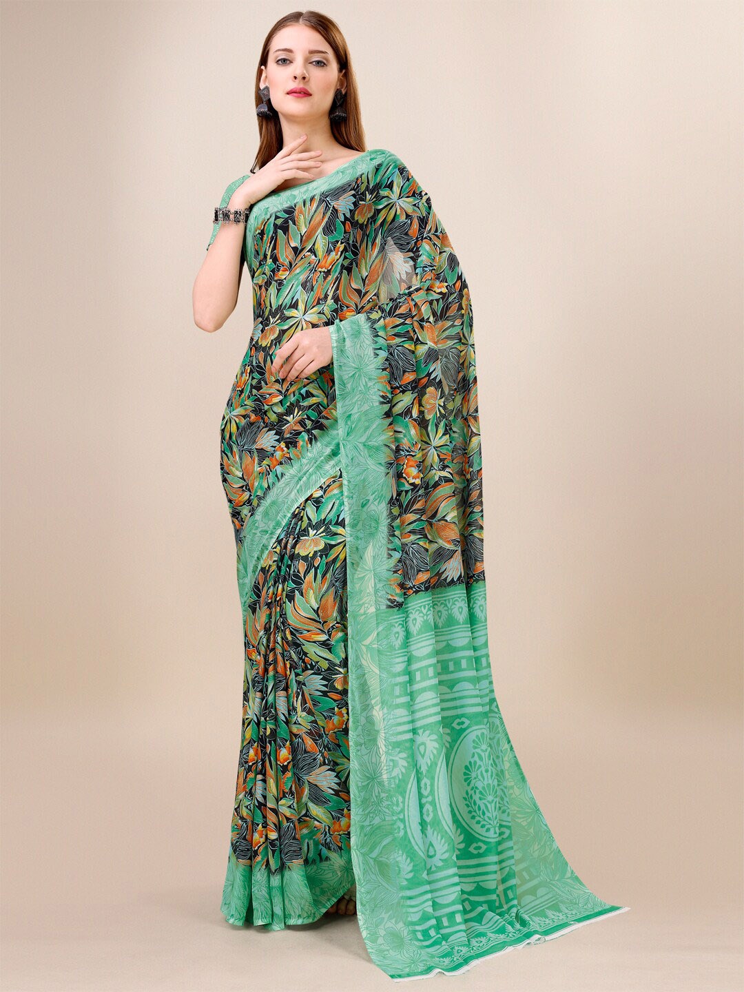 

Dori Floral Printed Pure Georgette Saree, Green