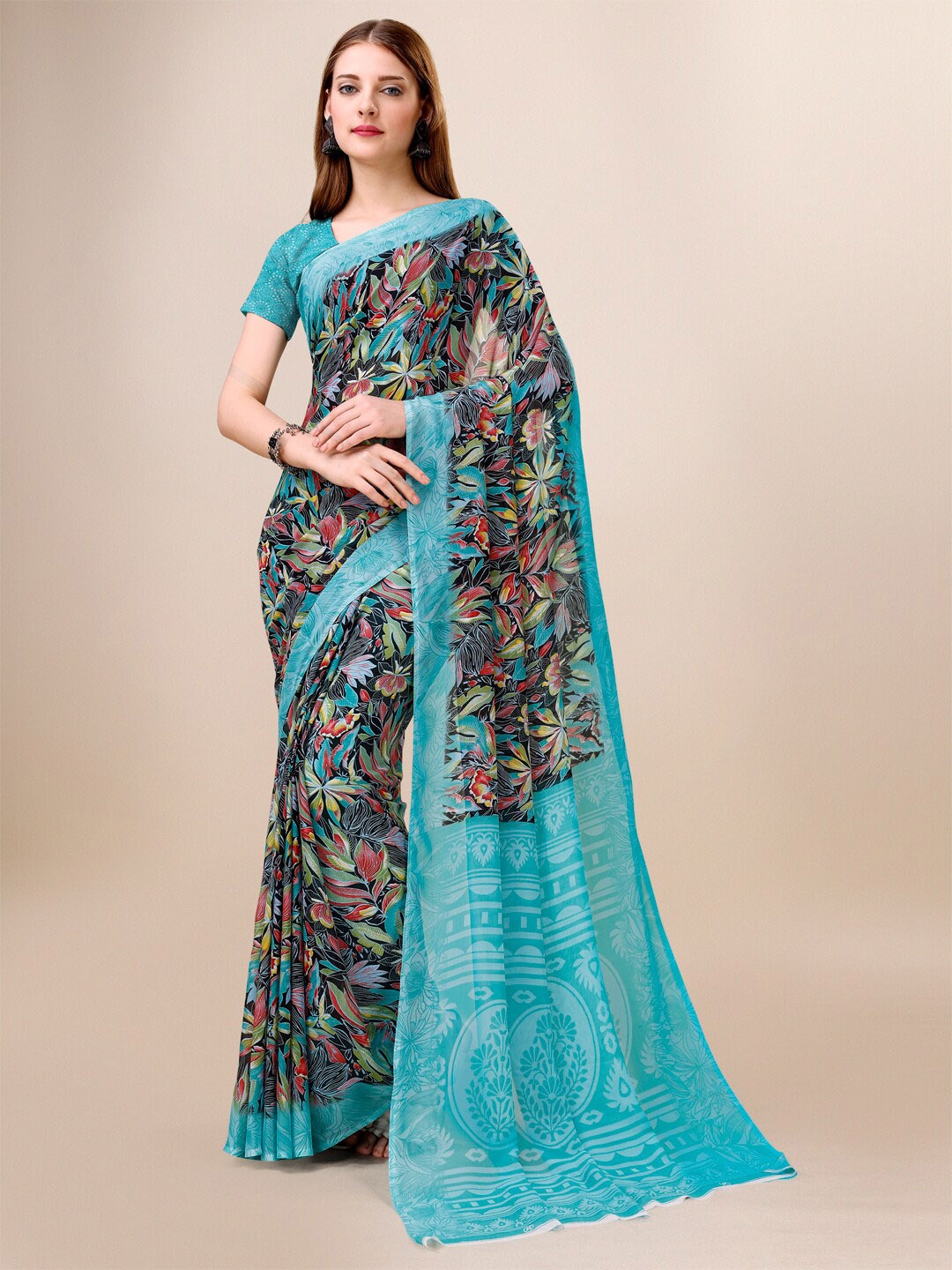 

Dori Floral Printed Pure Georgette Saree, Blue
