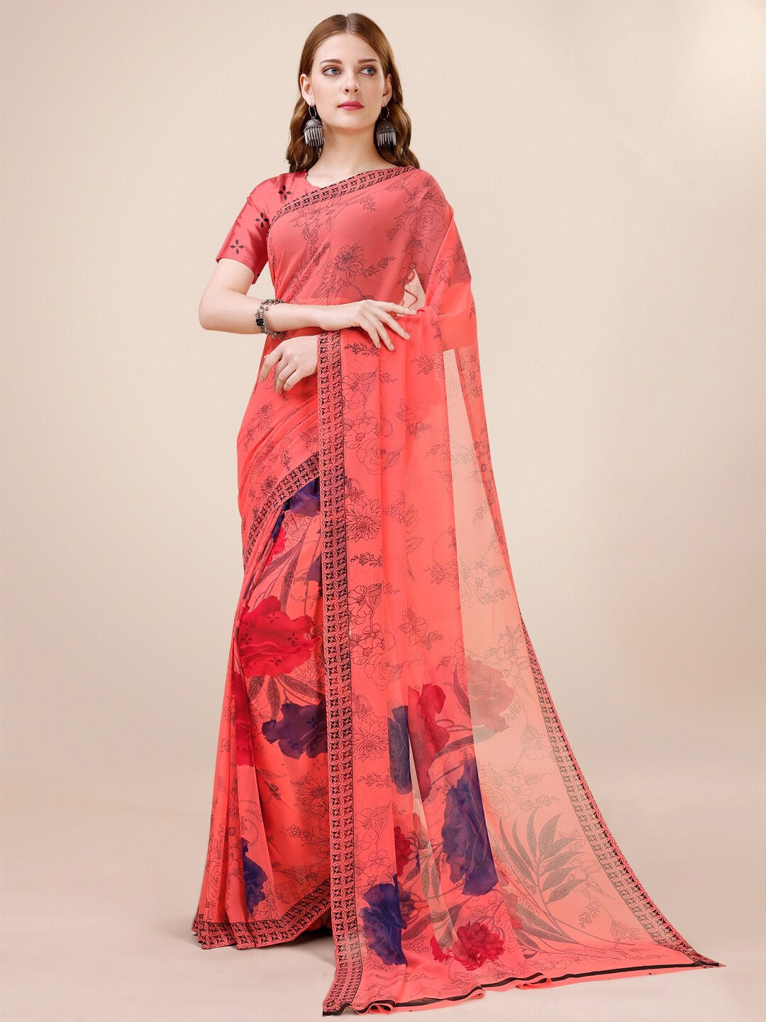 

Dori Floral Printed Pure Georgette Saree, Peach