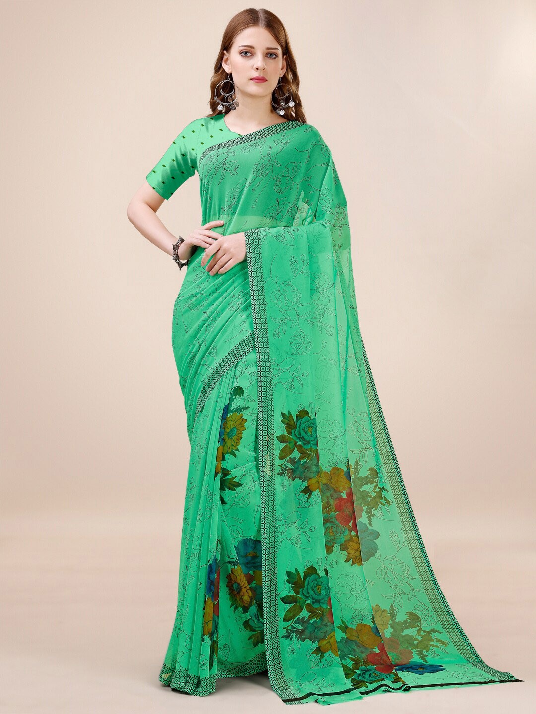 

Dori Floral Printed Pure Georgette Saree, Green