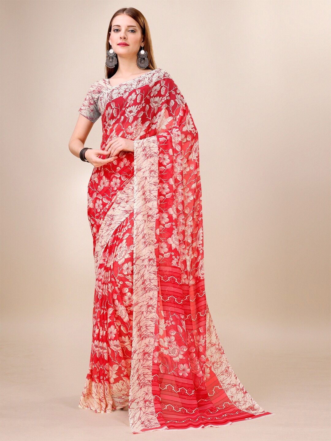 

Dori Floral Printed Pure Georgette Saree, Red