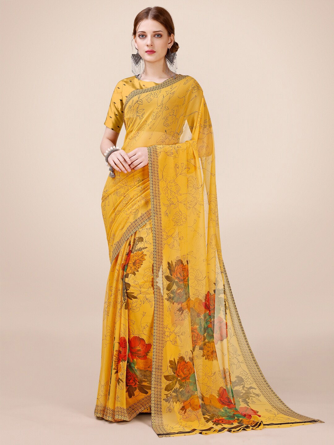 

Dori Floral Printed Pure Georgette Saree, Yellow