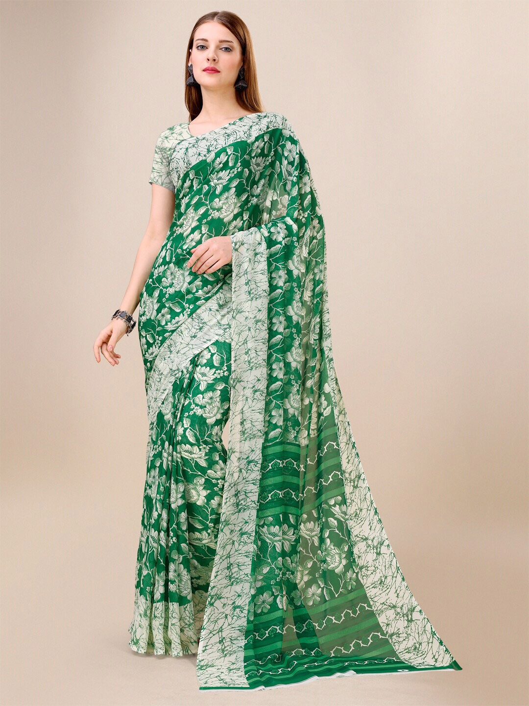 

Dori Floral Printed Pure Georgette Saree, Green