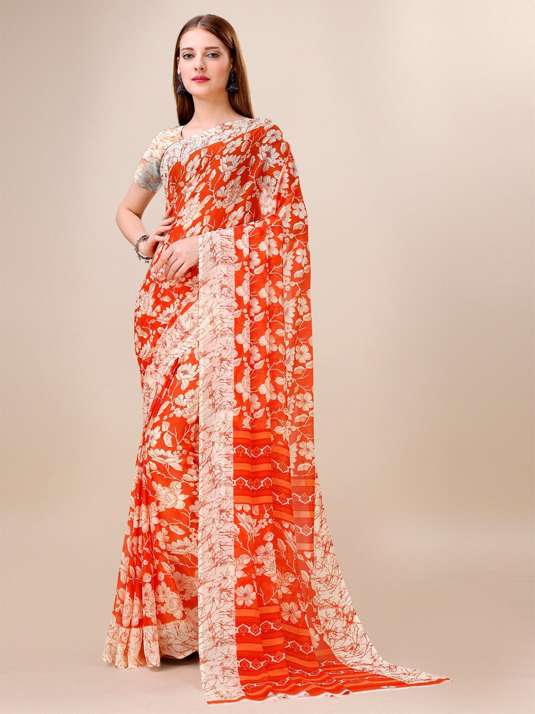 

Dori Floral Printed Pure Georgette Saree, Orange