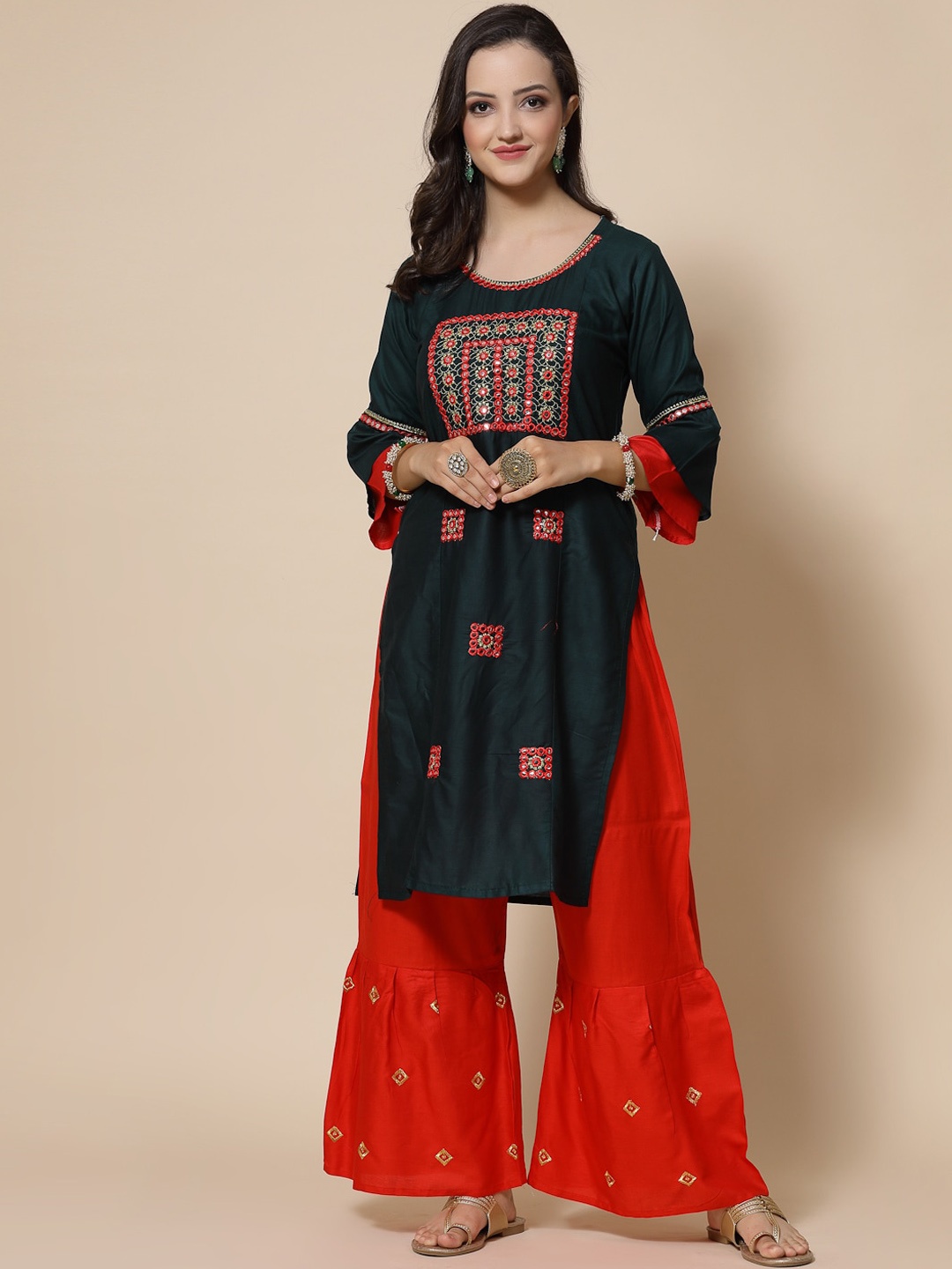 

KALINI Floral Embroidered Mirror Work Kurta & Palazzos With Dupatta, Green