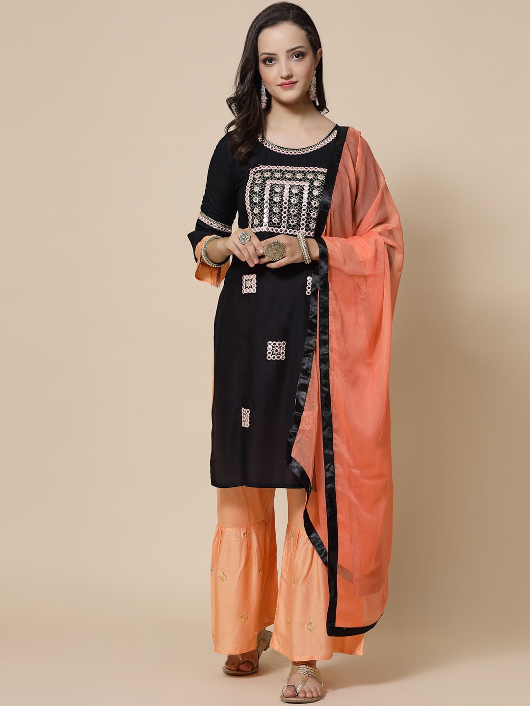 

KALINI Ethnic Motifs Embroidered Mirror Work Kurta & Palazzos With Dupatta, Black