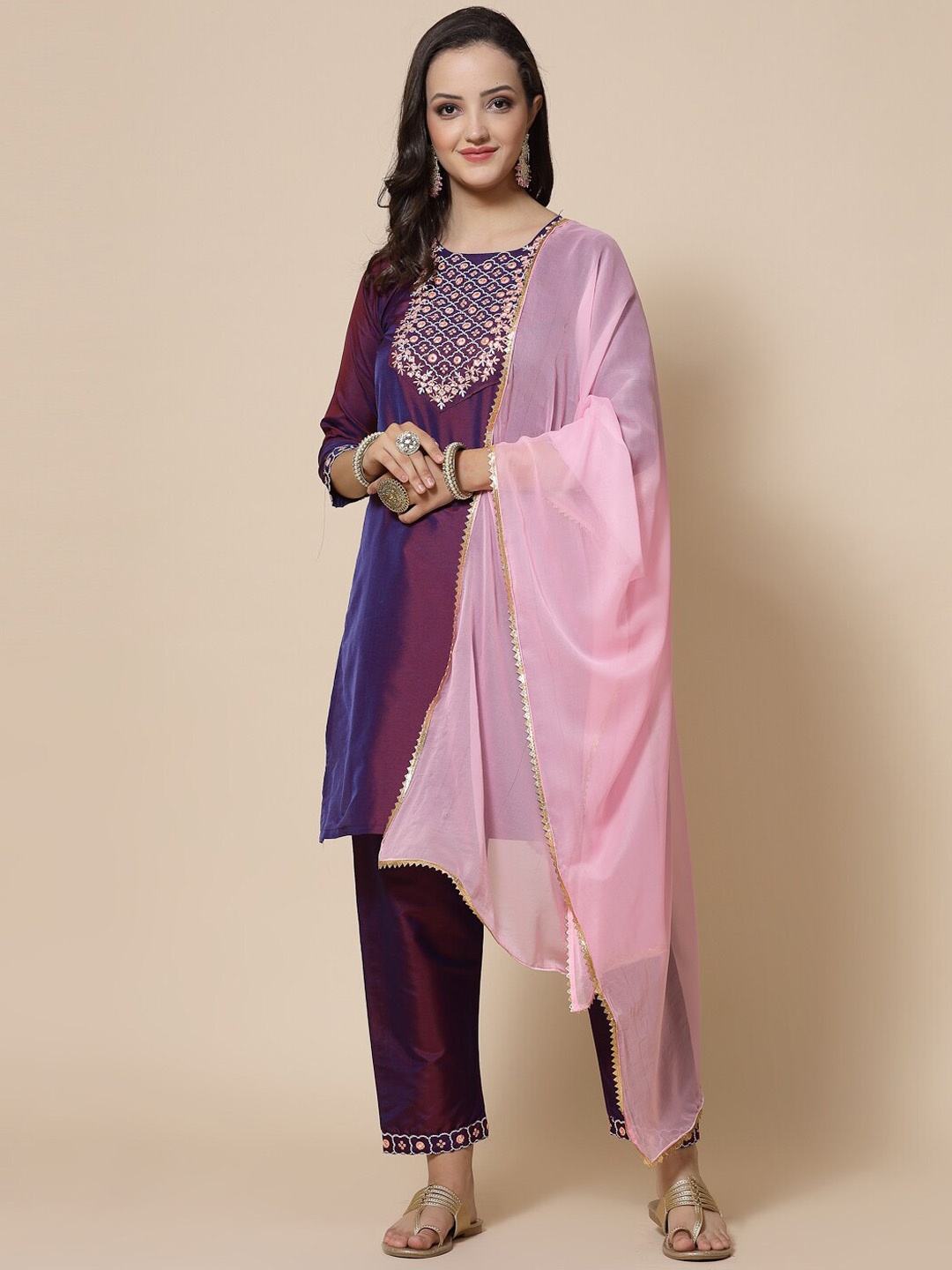 

KALINI Floral Yoke Design Regular Kurta & Trousers With Dupatta, Purple