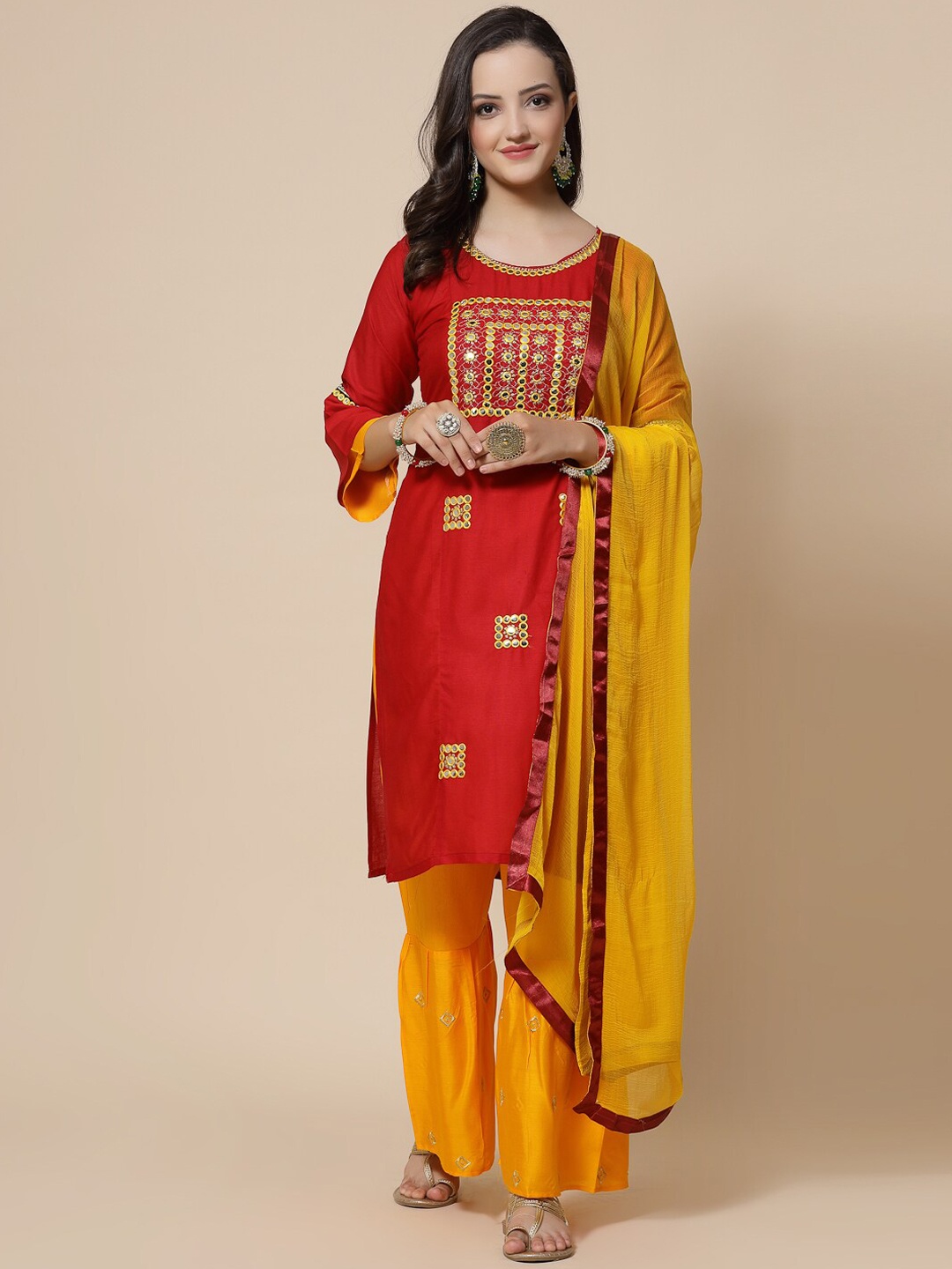 

KALINI Women Red Floral Embroidered Regular Kurta & Palazzos With Dupatta