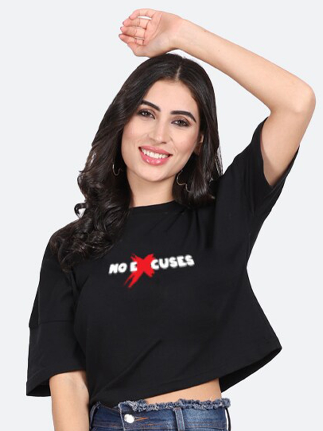 

Mad Over Print Typography Printed Cotton Crop Top, Black