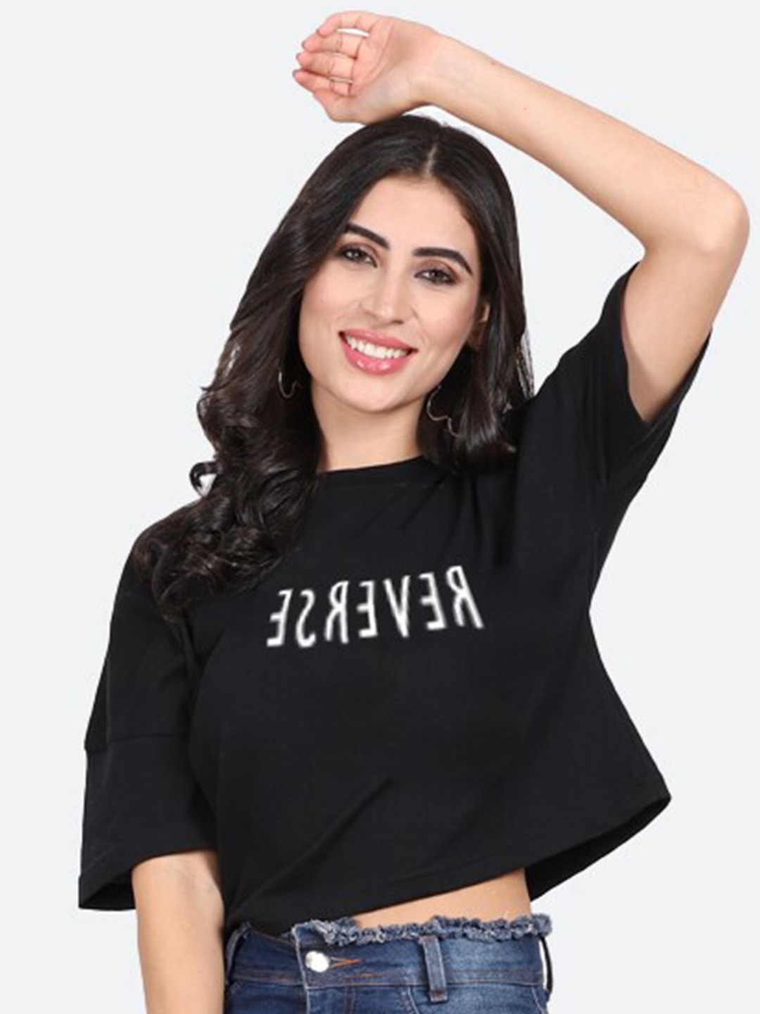 

Mad Over Print Typography Printed Cotton Crop Top, Black