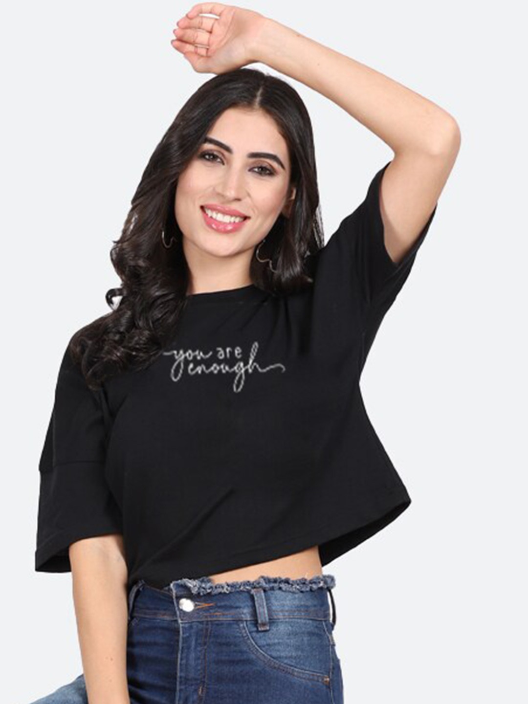 

Mad Over Print Typography Printed Drop-Shoulder Cotton Crop Top, Black