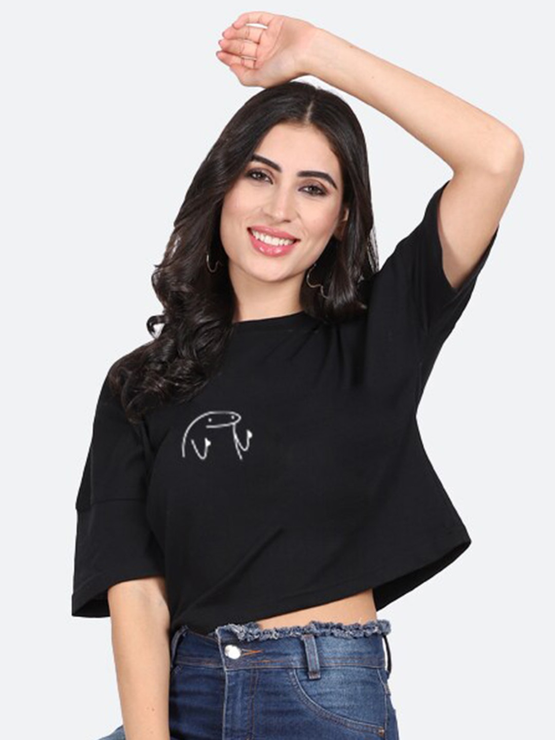 

Mad Over Print Round Neck Cotton Crop Top, Black