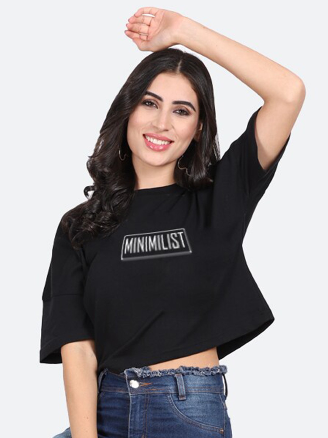 

Mad Over Print Typography Printed Cotton Crop Top, Black