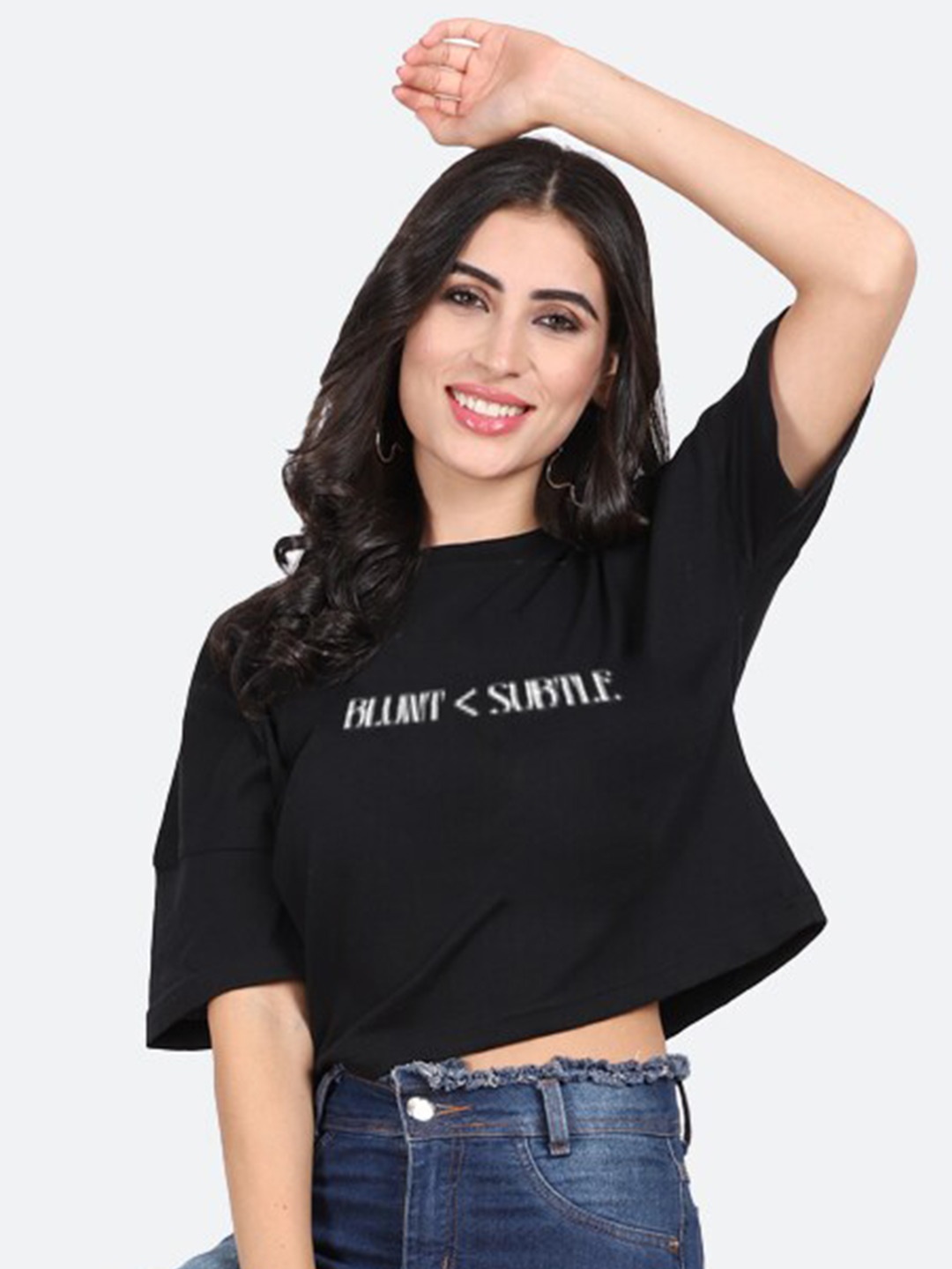 

Mad Over Print Typography Printed Drop-Shoulder Cotton Crop Top, Black