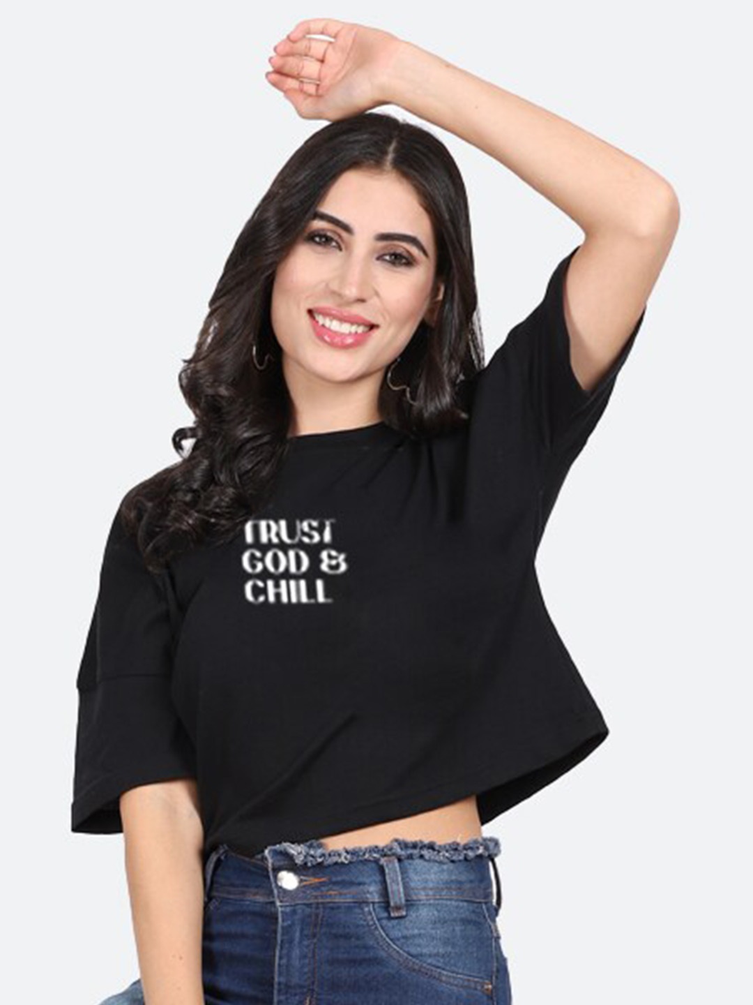 

Mad Over Print Typography Printed Drop-Shoulder Cotton Crop Top, Black