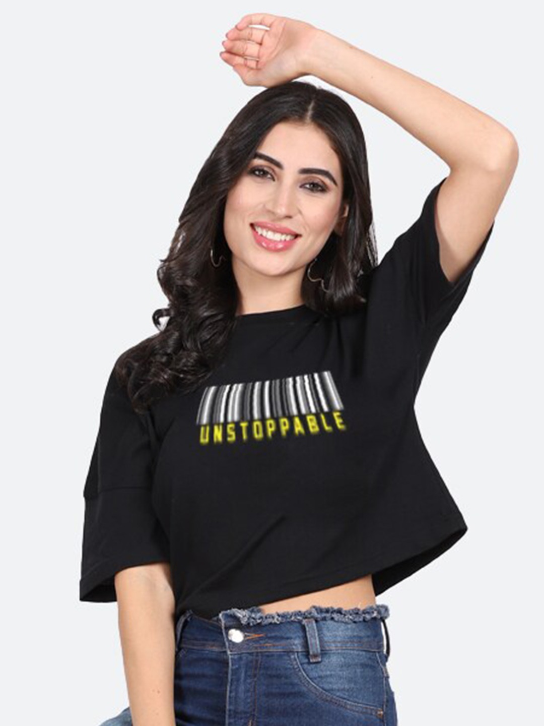 

Mad Over Print Typography Printed Drop-Shoulder Cotton Crop Top, Black