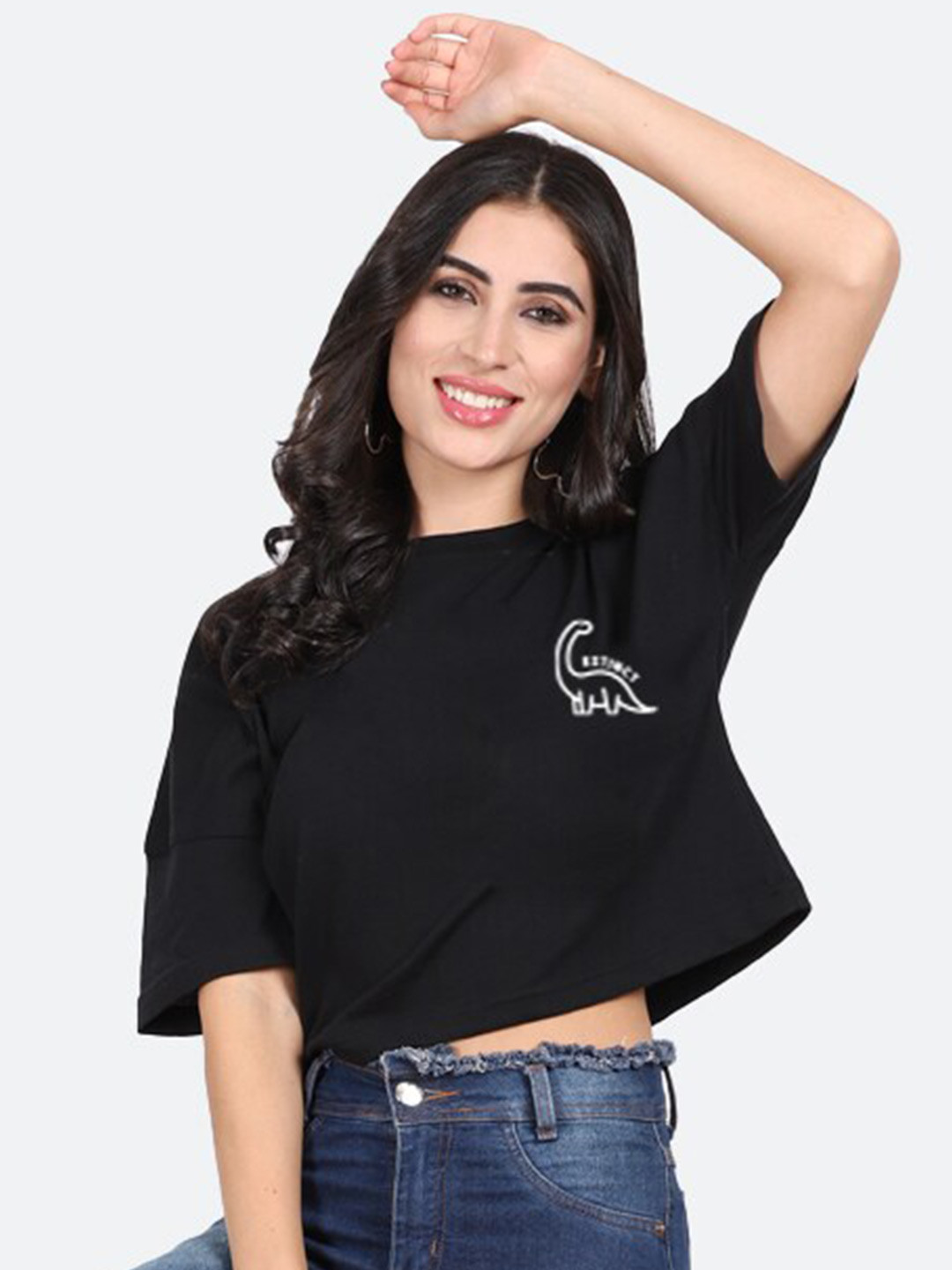 

Mad Over Print Round Neck Cotton Crop Top, Black