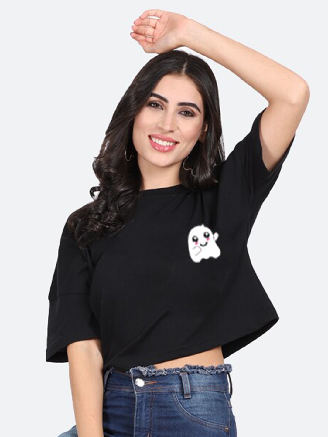 

Mad Over Print Round Neck Cotton Crop Top, Black