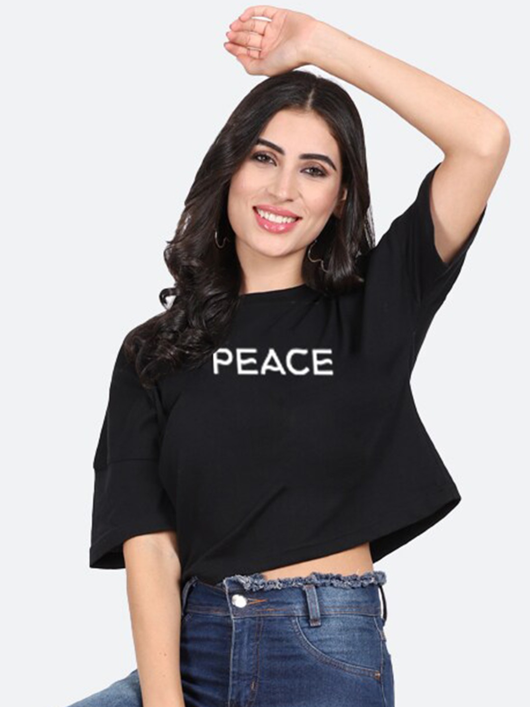 

Mad Over Print Typography Printed Cotton Crop Top, Black