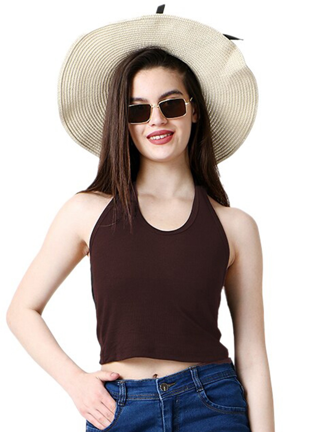 

CareDone Halter Neck Fitted Crop Top, Brown