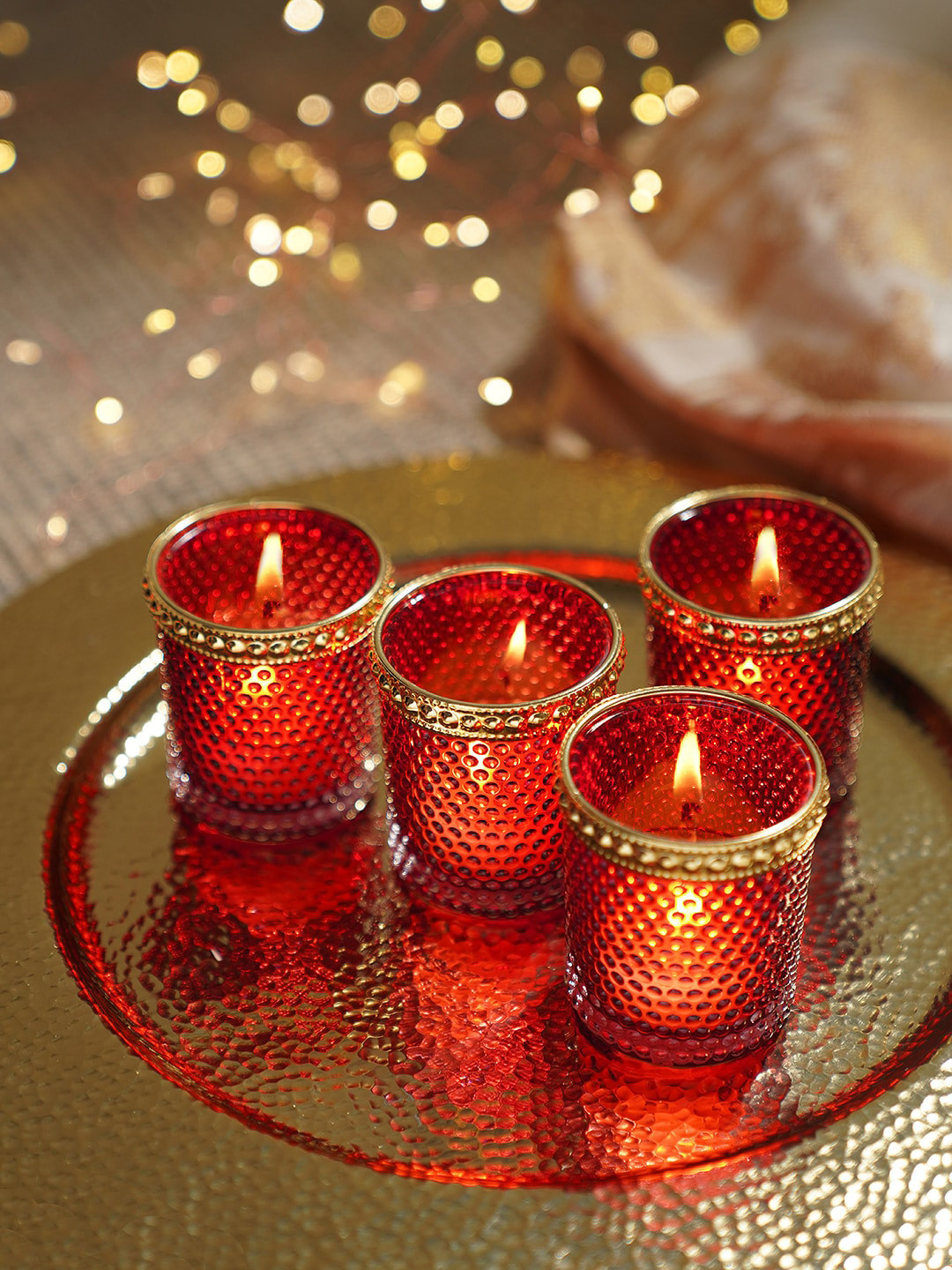 

Pure Home and Living Red 4 Pieces Textured Glass Candle Holders