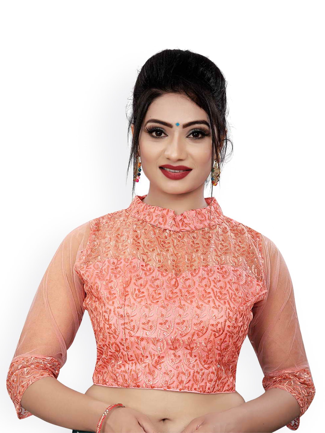 

HIMRISE Embroidered Band Collar Saree Blouse, Orange
