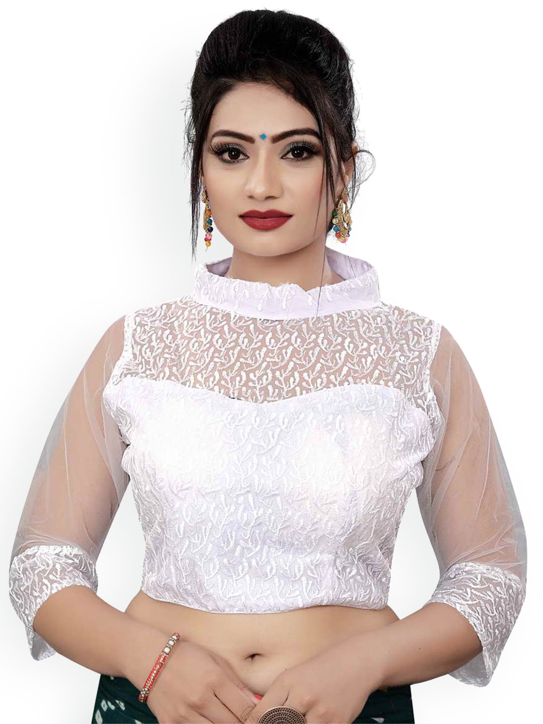 

HIMRISE Embroidered Band Collar Saree Blouse, White
