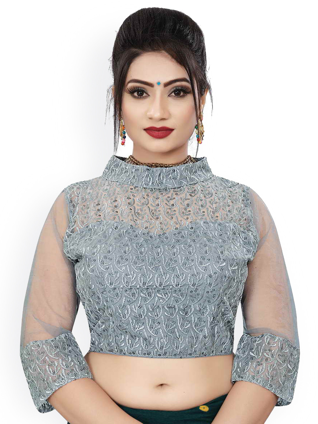 

HIMRISE Embroidered Band Collar Saree Blouse, Grey