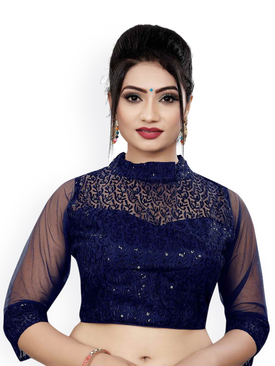 

HIMRISE Embroidered Band Collar Saree Blouse, Navy blue