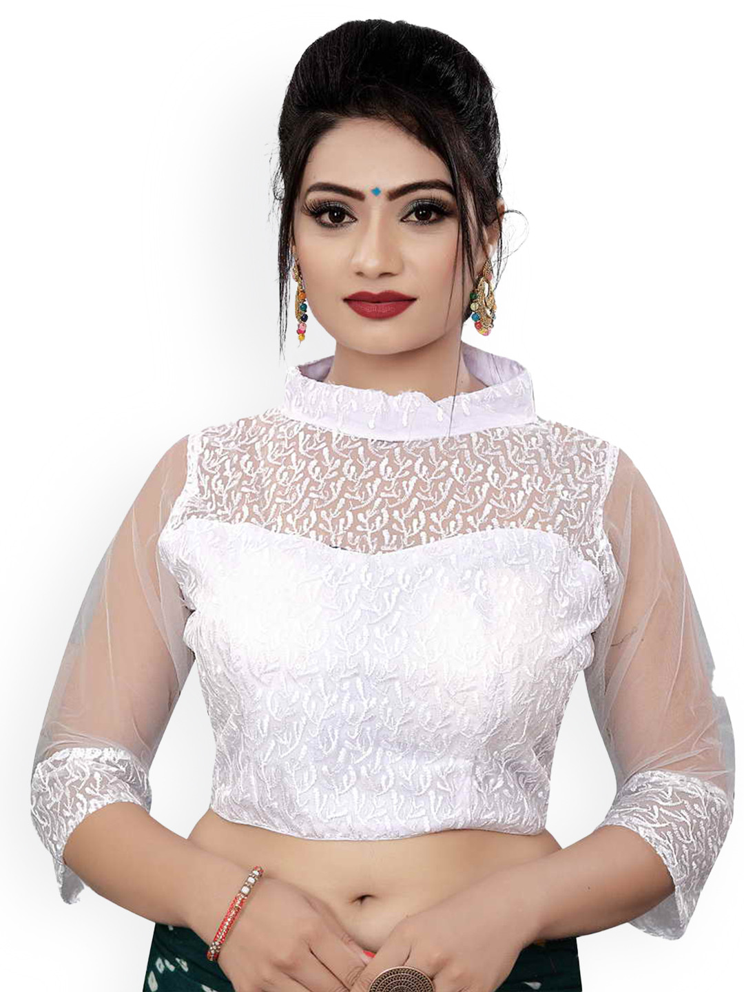 

HIMRISE Embroidered Band Collar Saree Blouse, White