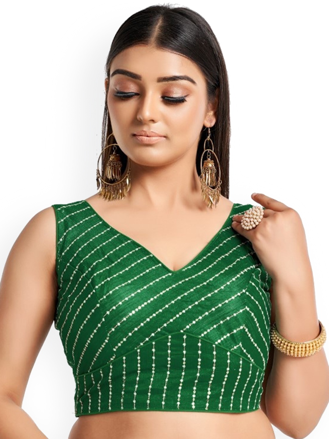

HIMRISE Embroidered Sleeveless Saree Blouse, Green