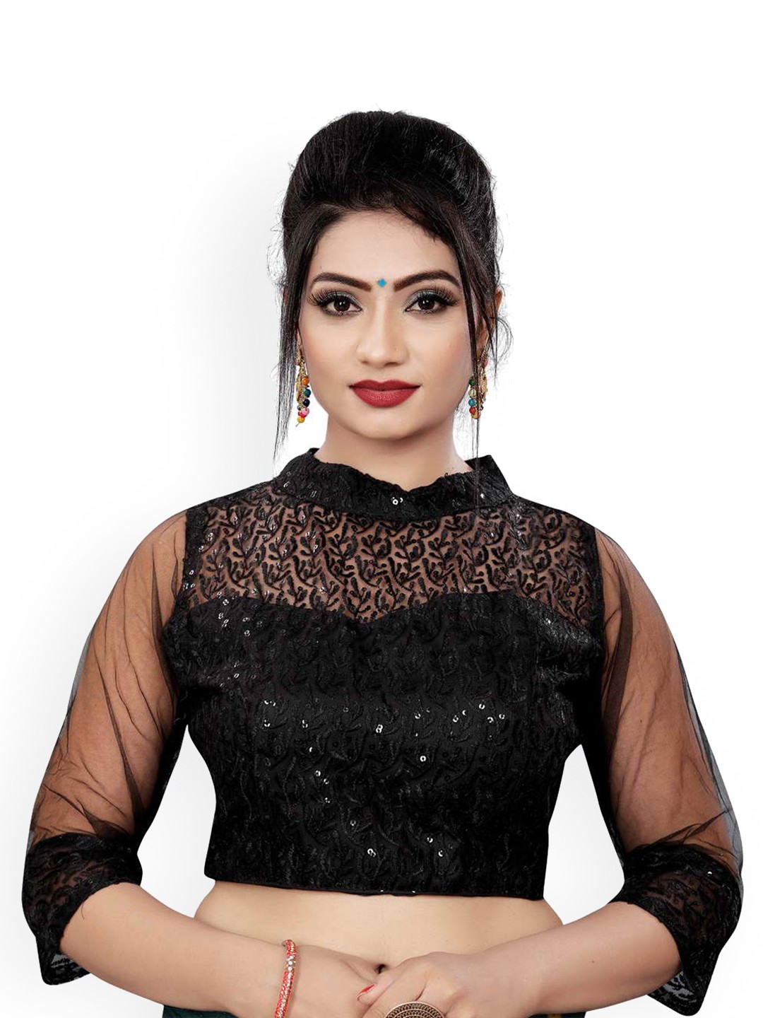 

HIMRISE Embroidered Band Collar Saree Blouse, Black