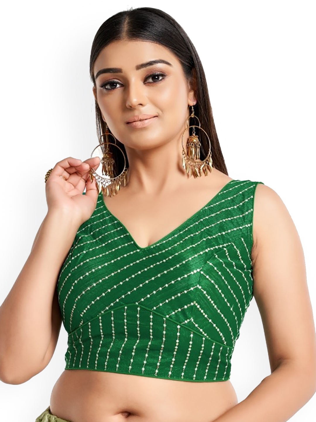 

HIMRISE Embroidered Sleeveless Saree Blouse, Green