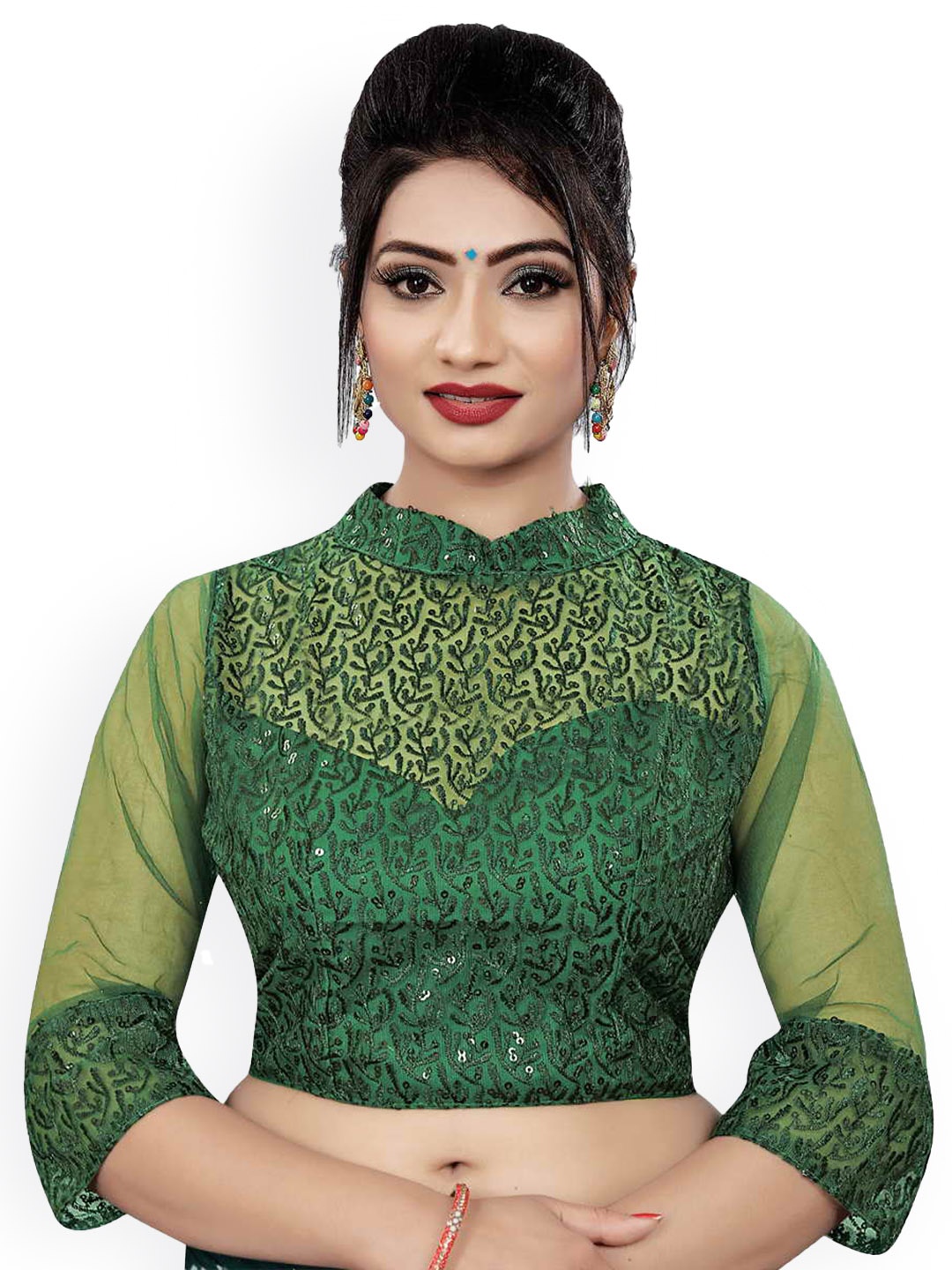 

HIMRISE Embroidered Band Collar Saree Blouse, Green