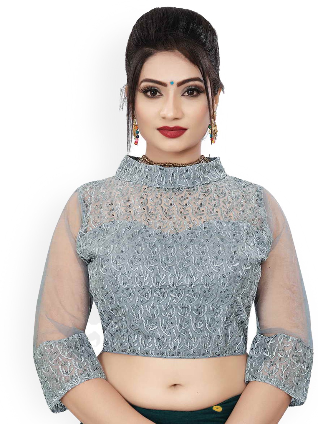 

HIMRISE Embroidered Band Collar Saree Blouse, Grey