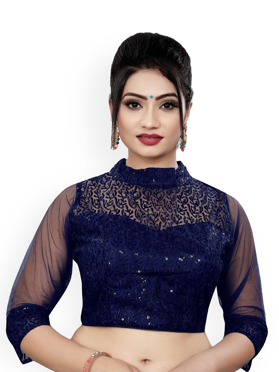 

HIMRISE Embroidered Band Collar Saree Blouse, Navy blue