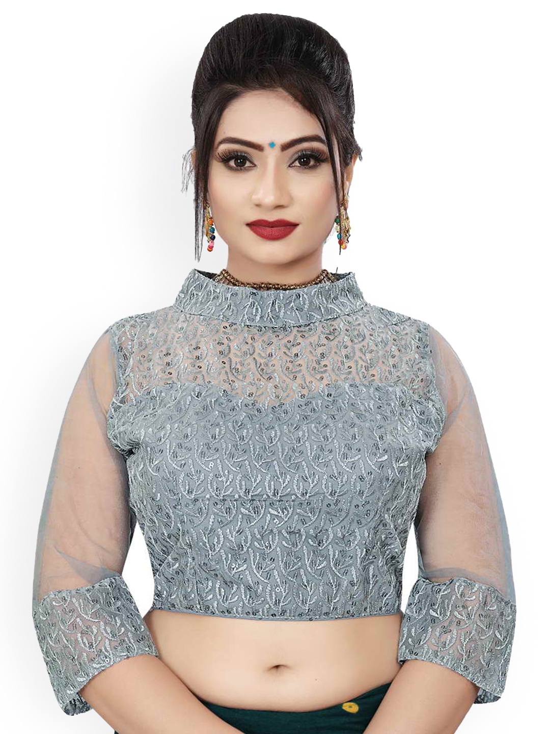 

HIMRISE Embroidered Band Collar Saree Blouse, Grey