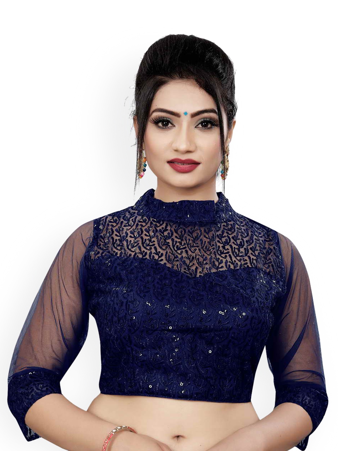 

HIMRISE Embroidered Band Collar Saree Blouse, Navy blue