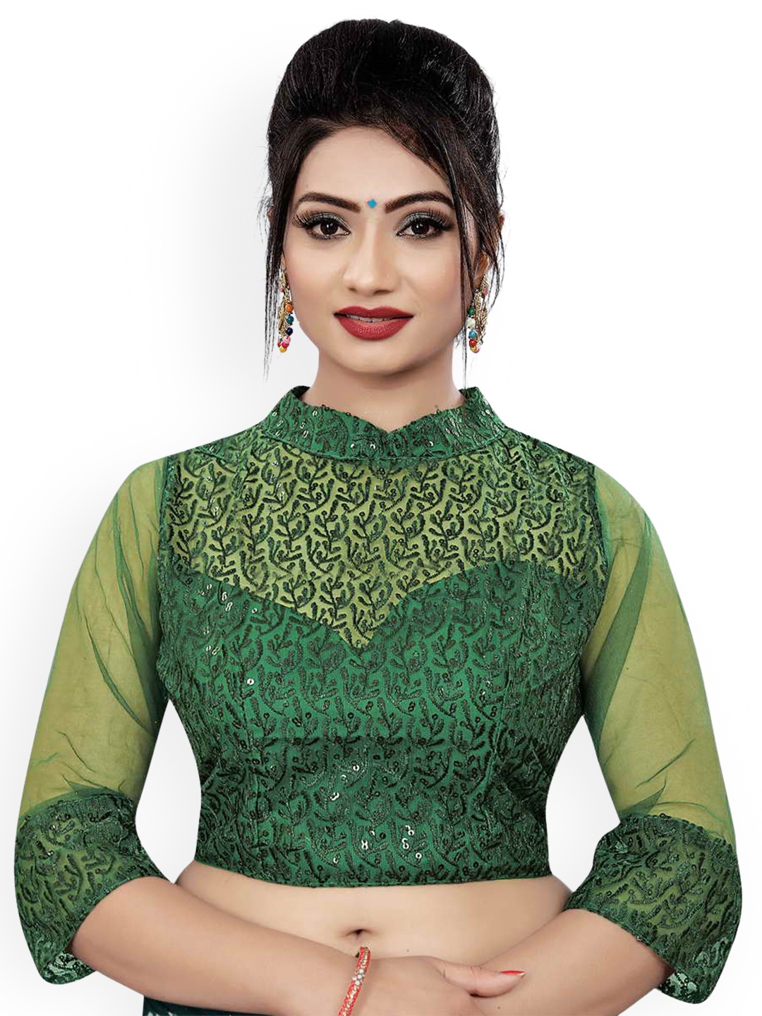 

HIMRISE Embroidered Band Collar Saree Blouse, Green