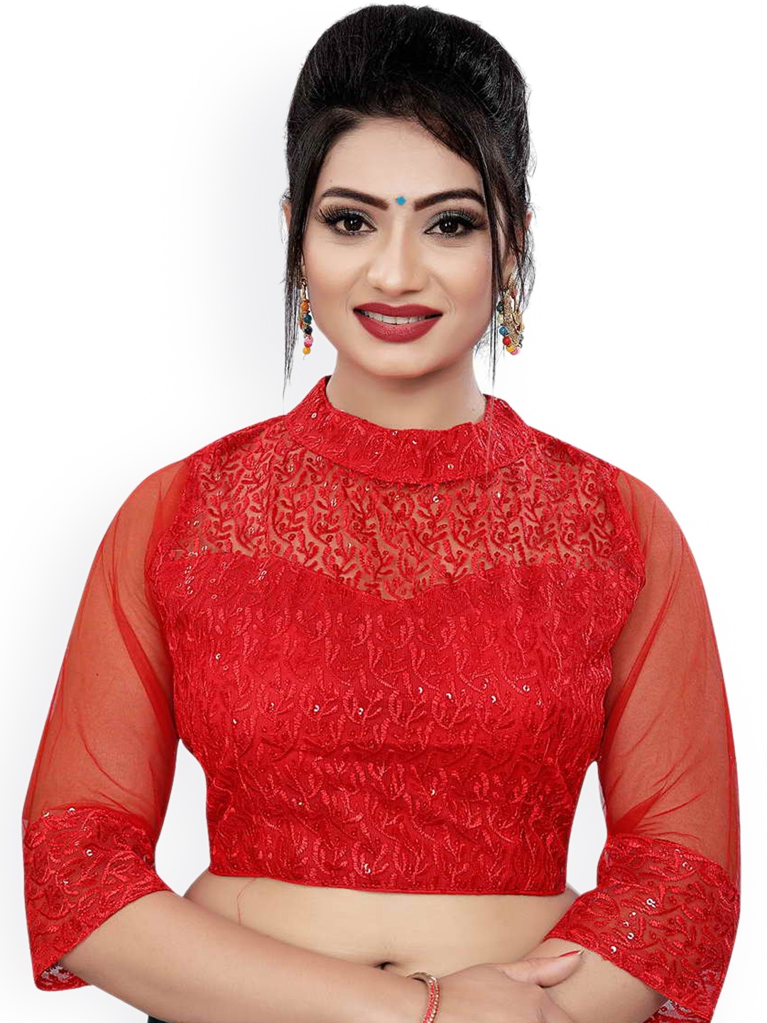 

HIMRISE Embroidered Band Collar Saree Blouse, Red