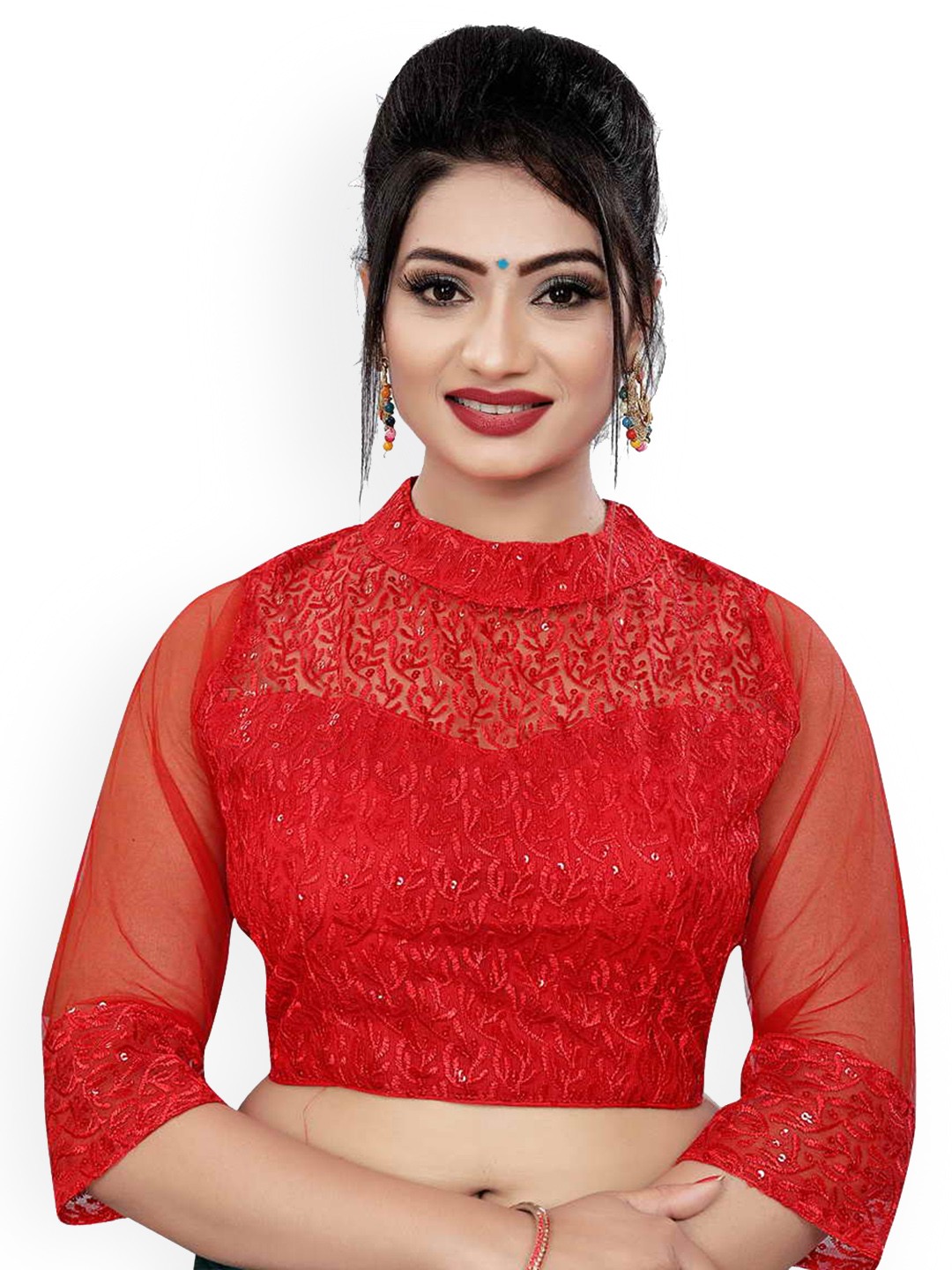 

HIMRISE Embroidered Band Collar Saree Blouse, Red