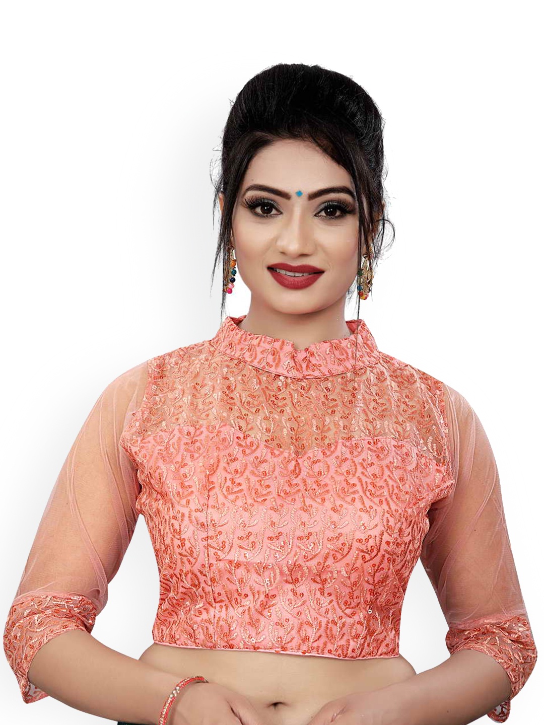 

HIMRISE Embroidered Band Collar Saree Blouse, Peach