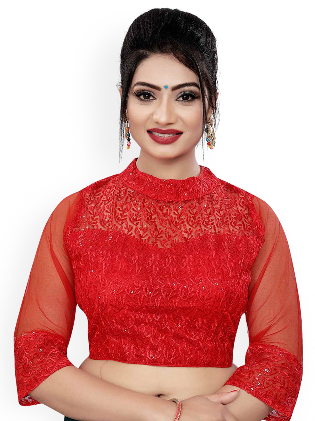 

HIMRISE Embroidered Band Collar Saree Blouse, Red