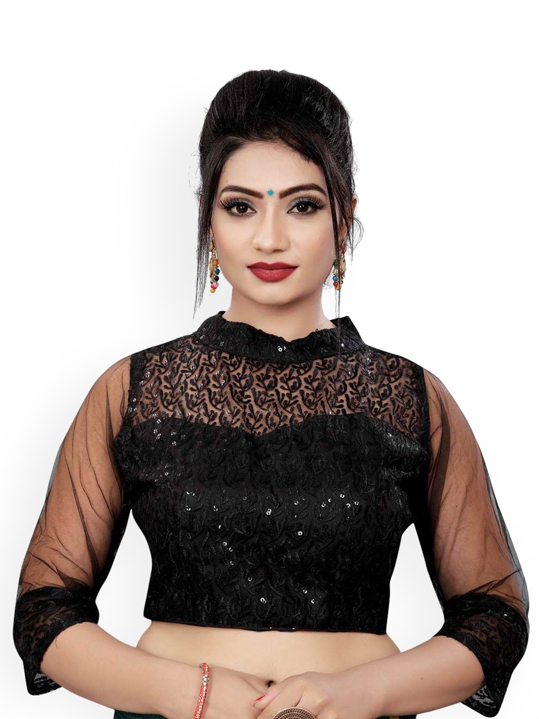 

HIMRISE Embroidered Band Collar Saree Blouse, Black