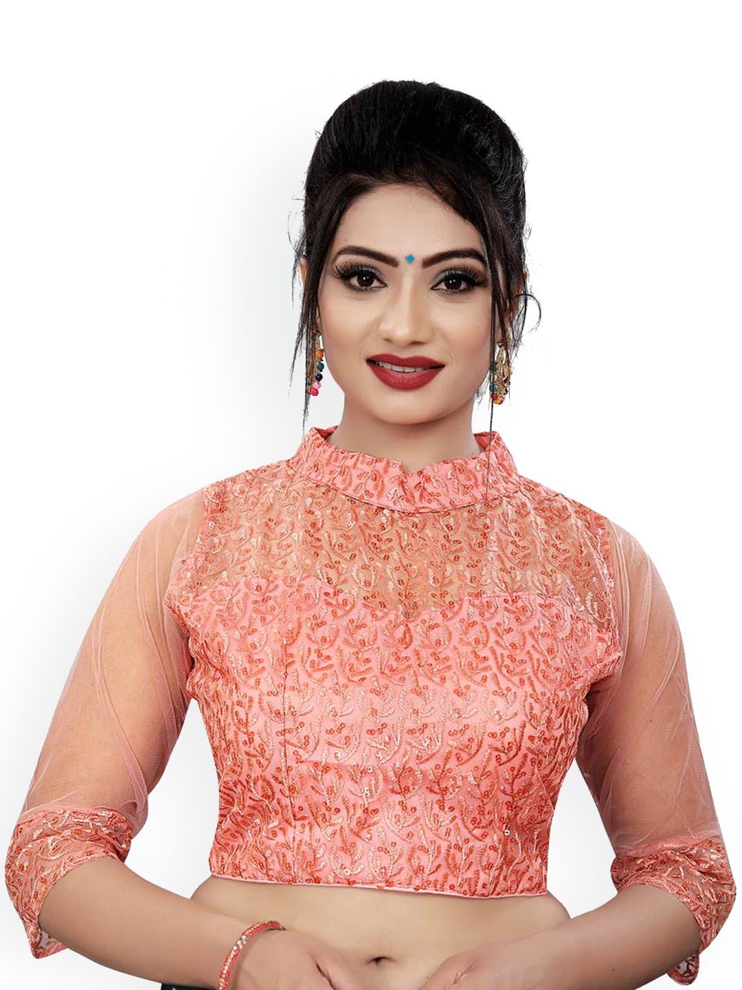 

HIMRISE Embroidered Band Collar Saree Blouse, Peach