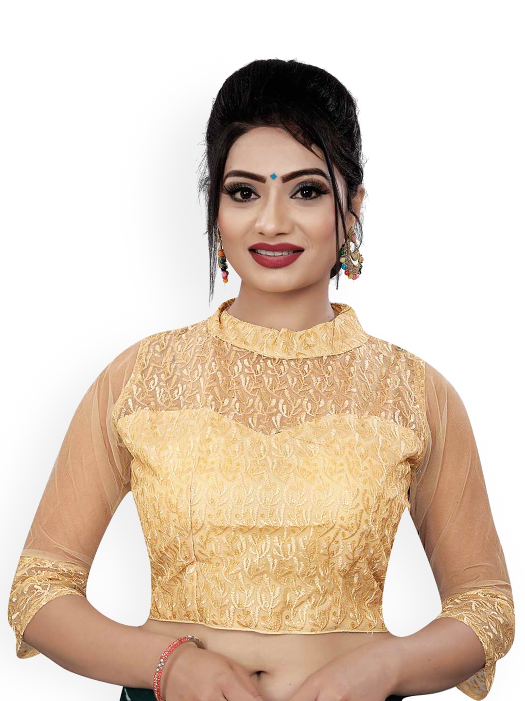 

HIMRISE Embroidered Band Collar Saree Blouse, Gold