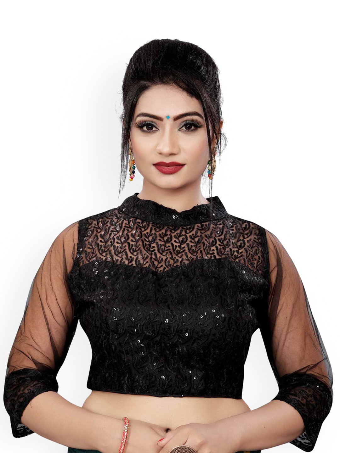

HIMRISE Embroidered Band Collar Saree Blouse, Black