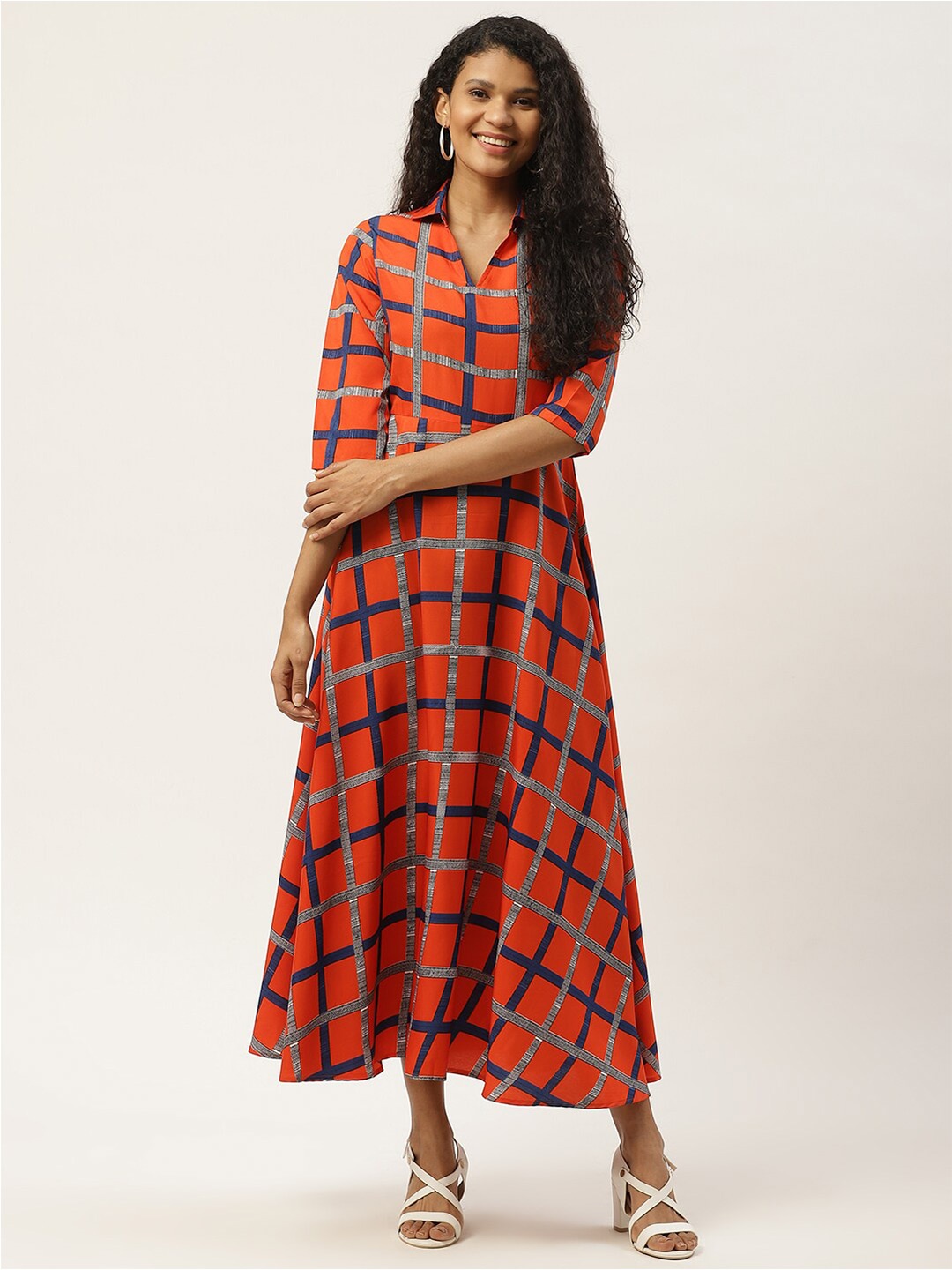 

DressBerry Orange Checked Shirt Collar A-Line Midi Dress