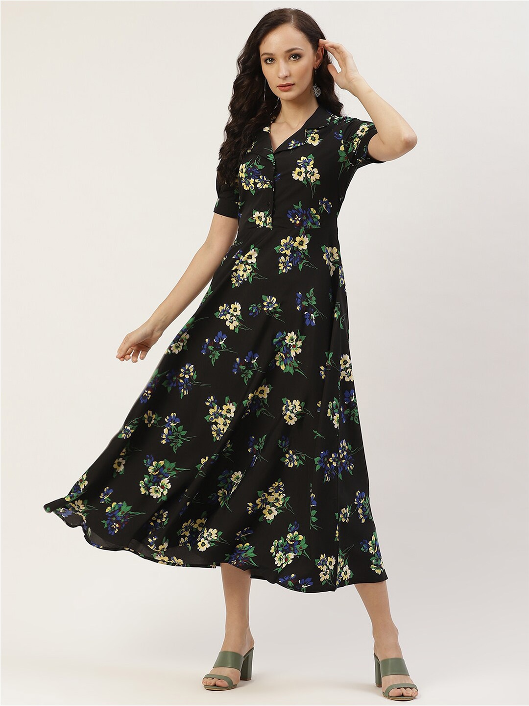 

DressBerry Black Floral Printed Shirt Collar Puff Sleeves A-Line Midi Dress